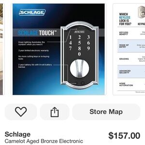 Schlage
Camelot Aged Bronze ElectTouch Keyless Touchscreen Deadbolt w/ Thumbturn